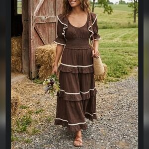 Anthropologie Prairie Cottagecore Brown Tiered Ruffle Maxi Dress Lp Nwt
